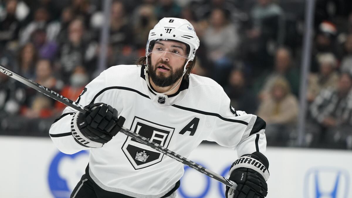 Kings defenseman Drew Doughty follows the puck during a game against the Ducks in February.