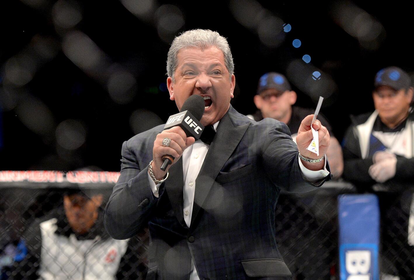 BRISBANE, AUSTRALIA - MARCH 20: UFC fight announcer Bruce Buffer introduces the fighters before the UFC Heavyweight Bout between Mark Hunt and Frank Mir at UFC Brisbane on March 20, 2016 in Brisbane, Australia. (Photo by Bradley Kanaris/Getty Images) ** OUTS - ELSENT, FPG, CM - OUTS * NM, PH, VA if sourced by CT, LA or MoD **