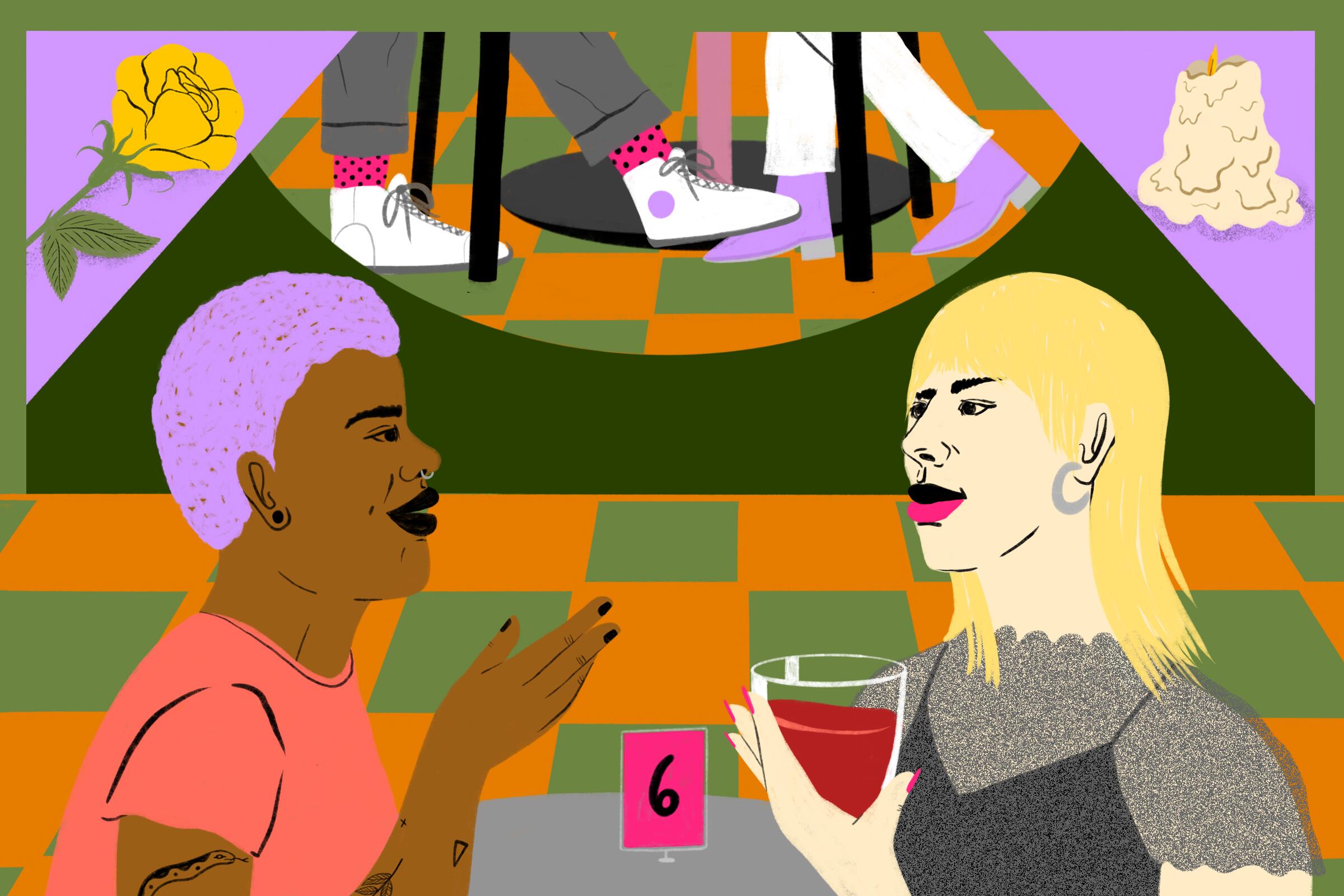 Illustration of a rose, a candle and two people talking on a date in a bar while playing footsie. 