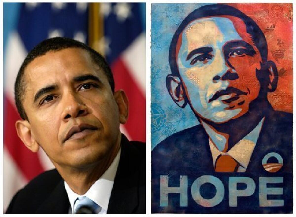 A poster of President Barack Obama, right, by artist Shepard Fairey is shown for comparison with this April 27, 2006 file photo of then-Sen. Barack Obama by Associated Press photographer Mannie Garcia at the National Press Club in Washington. Fairey has acknowledged, the poster is based on the AP photograph. (AP Photo/Mannie Garcia/ Shepard Fairey)