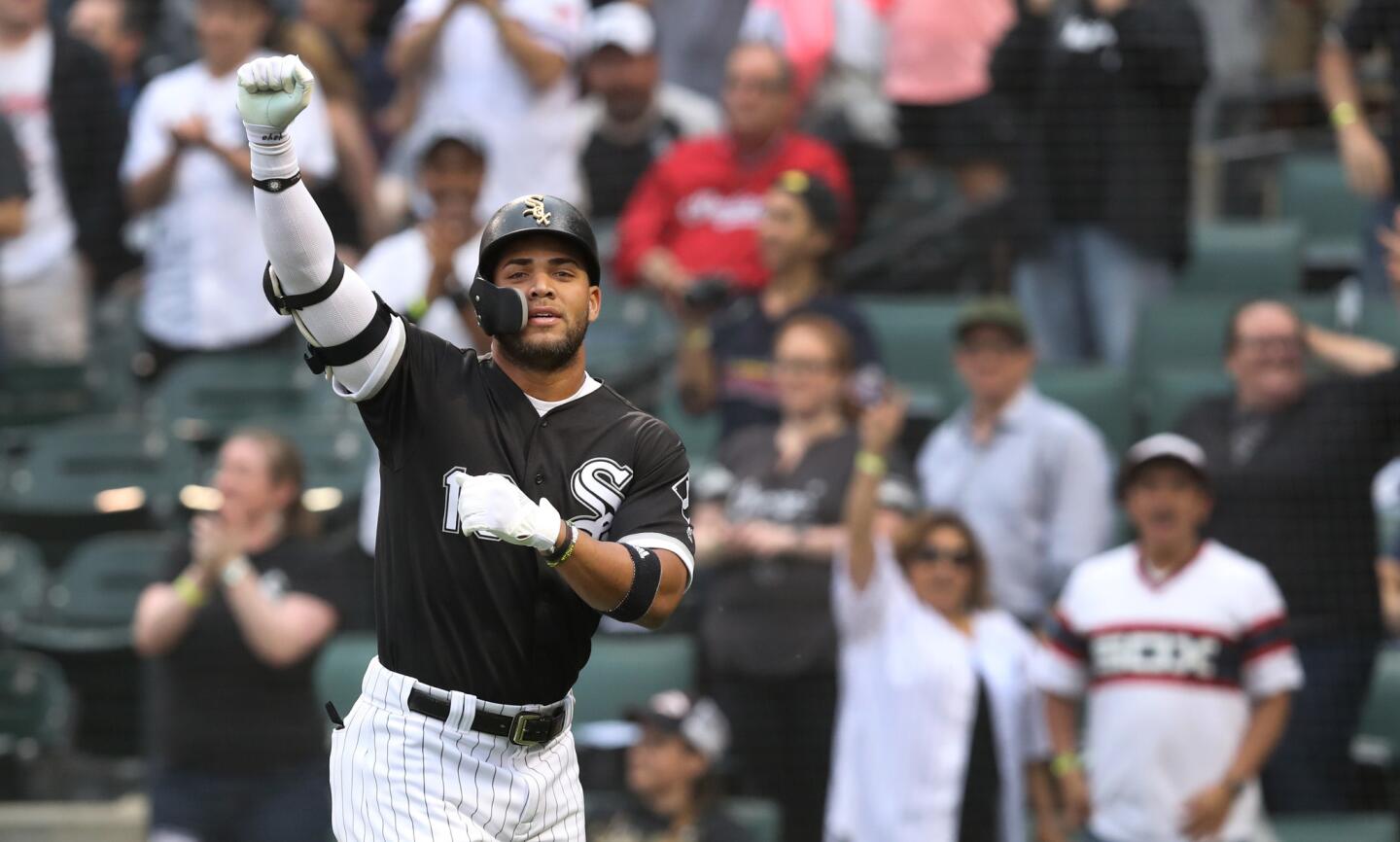 Yoan Moncada celebrates after hitting a solo homer in the first inning of a game against the Indians at Guaranteed Rate Field on Tuesday, June 12, 2018.
