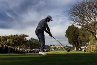 PACIFIC PALISADES, CA - FEBRUARY 18, 2023: Tiger Woods tees off on the 9th hole in the third round.