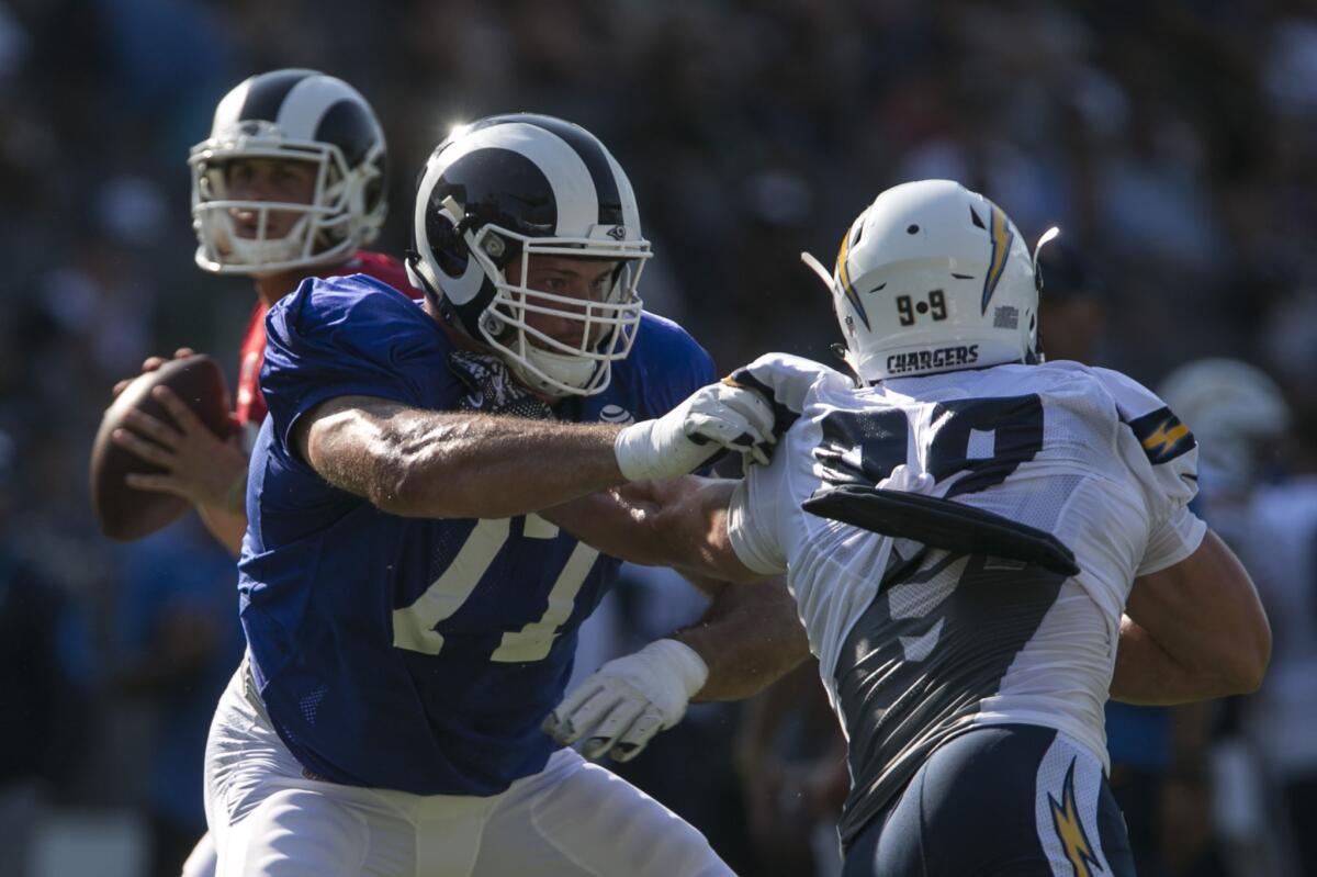 Rams lineman Andrew Whitworth protects quarterback Jared Goff from Chargers defensive lineman Joey Bosa during a joint practice at StubHub Center on Aug. 5, 2017.