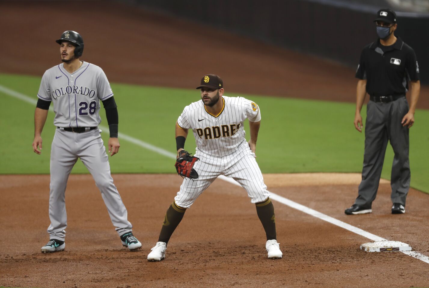San Diego Padres first baseman Mitch Moreland took over for an injured Eric Hosmer against the Colorado Rockies.
