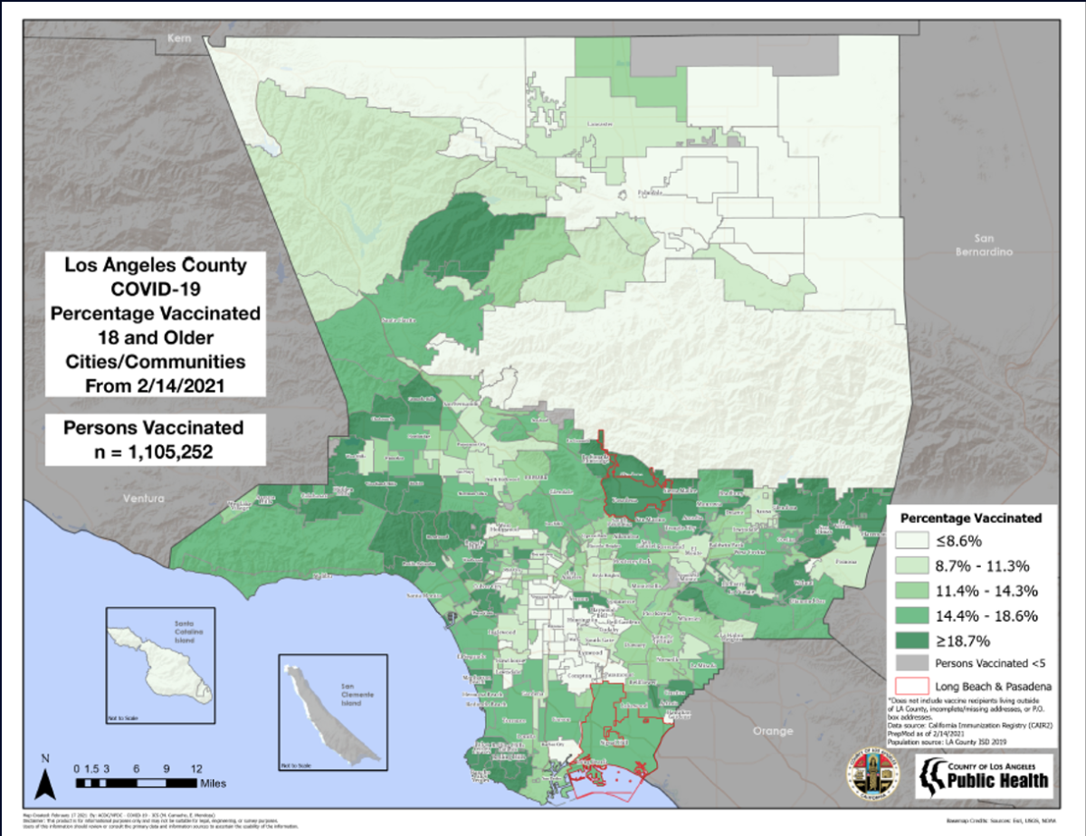 Map shows L.A. County with keys showing vaccine rates.