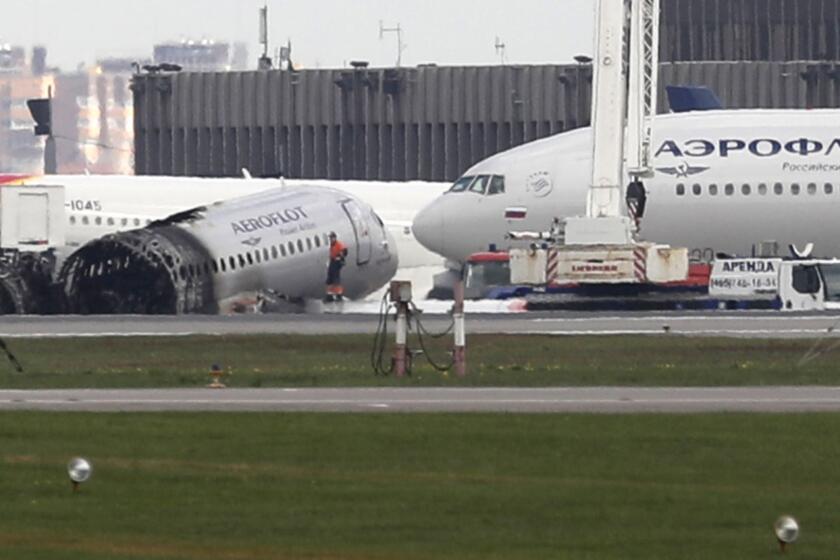 BEST QUALITY AVAILABLE Mandatory Credit: Photo by MAXIM SHIPENKOV/EPA-EFE/REX (10229269c) A Sukhoi Superjet 100 of the Russian airline Aeroflot sits on the tarmac after a fire that broke out while the plane crash landed at Sheremetyevo airport, in Moscow, Russia, 06 May 2019. Conflicting numbers of fatalities were reported after the plane made an emergency landing just after take off during a flight to Murmansk. Recent media reports state that 41 people were killed in the accident. Sukhoi Superjet 100 crash lands at Sheremetyevo Airport, Moscow, Russian Federation - 06 May 2019 ** Usable by LA, CT and MoD ONLY **
