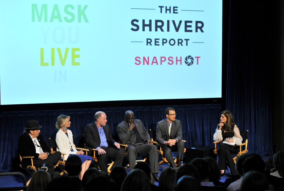 Jerry Tello, left, Jennifer Siebel Newsom, Jackson Katz, Tony Porter, Josh Levs and Maria Shriver participate in a panel discussion following the L.A. premiere of "The Mask You Live In" at the Paley Center.