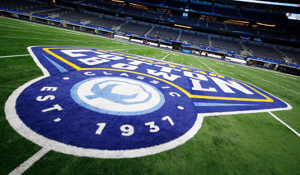 A detail shot of the Goodyear Cotton Bowl logo seen on the 50-yard line on Wednesday.