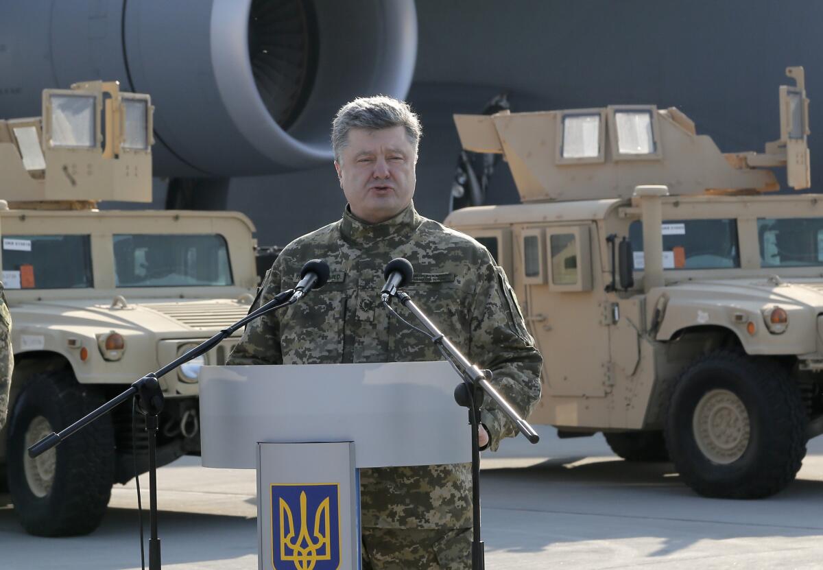 Ukrainian President Petro Poroshenko speaks during a ceremony at Boryspil Airport near Kiev on March 25.