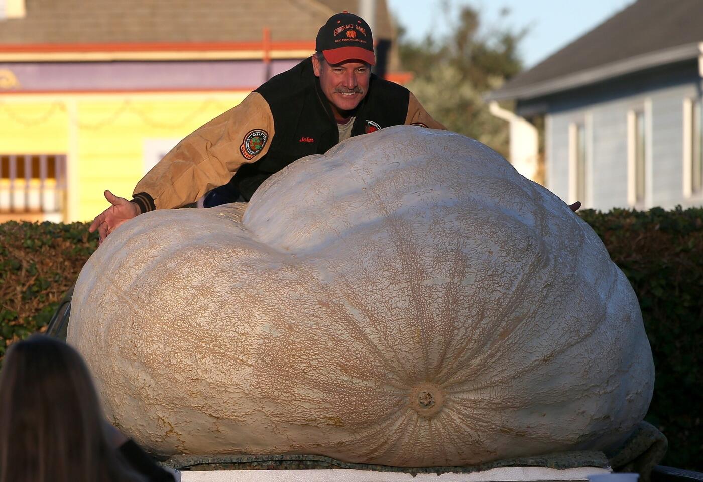 John Hawkley poses for a photo with his winning pumpkin, the world's heaviest.
