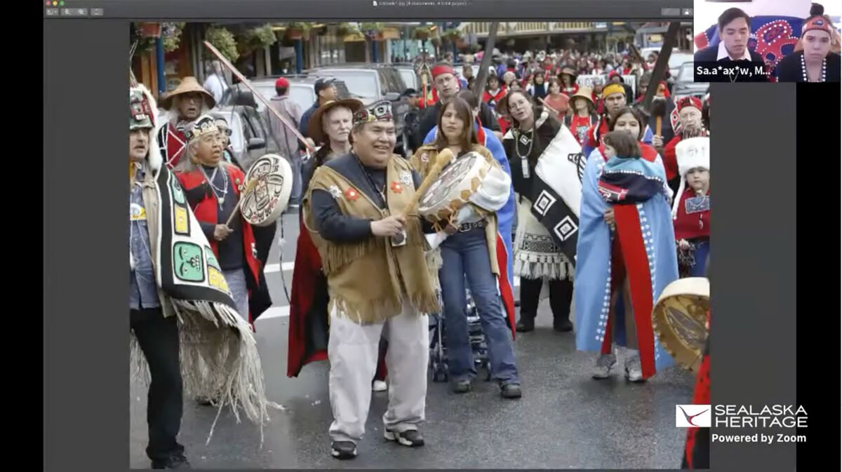 This Nov. 5, 2020, photo provided by the Sealaska Heritage Institute shows a Zoom memorial service for Tlingit elder David Katzeek, conducted by the Institute, showing highlights of Katzeek's life as people honored him over the internet as the pandemic had made in-person ceremonies impossible. (Sealaska Heritage Institute via AP)