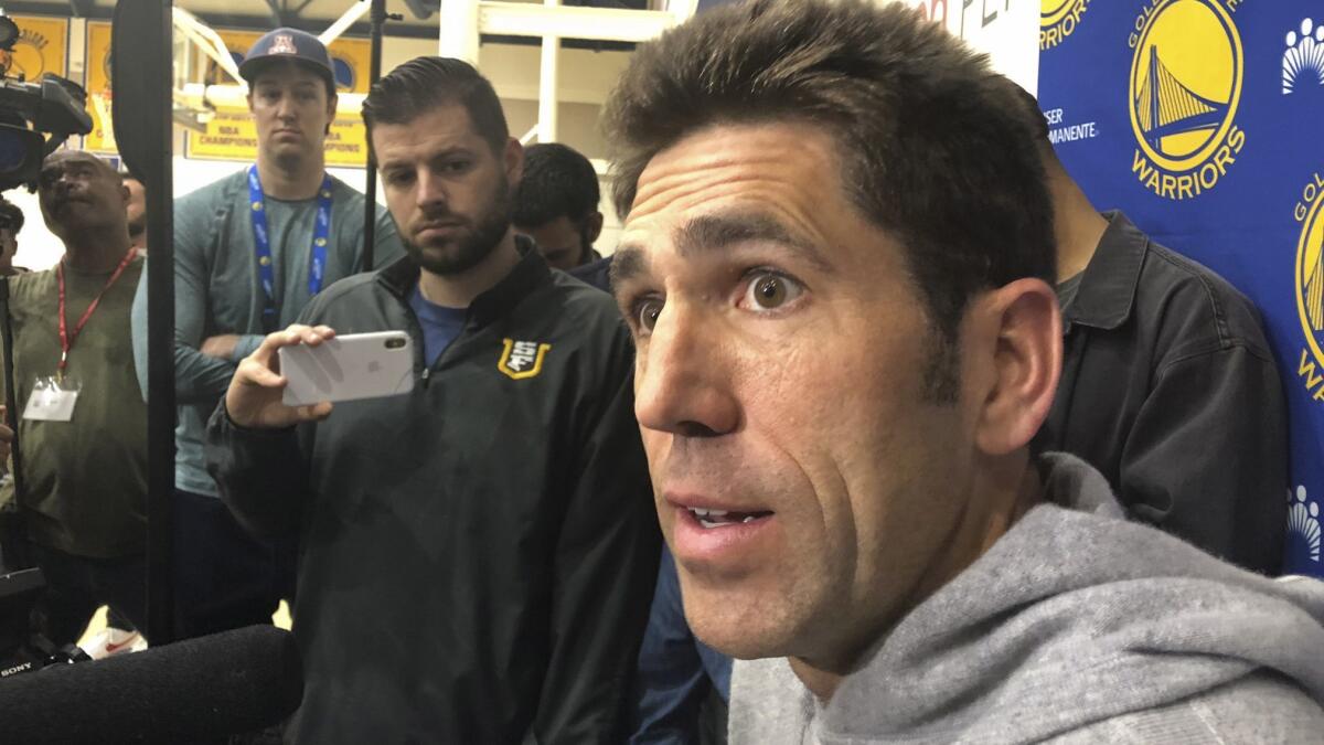 Warriors general manager Bob Myers addresses reporters a day after his team was defeated by the Raptors in Game 6 of the NBA Finals.