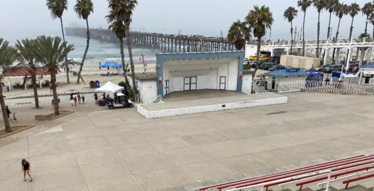 A lone skater practices at Oceanside's Junior Seau Beach Bandshell amphitheater in August.
