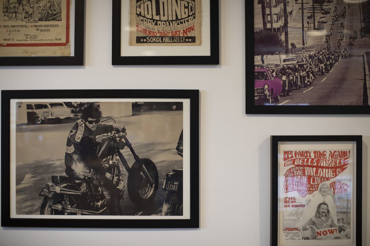 Framed photos on a wall.