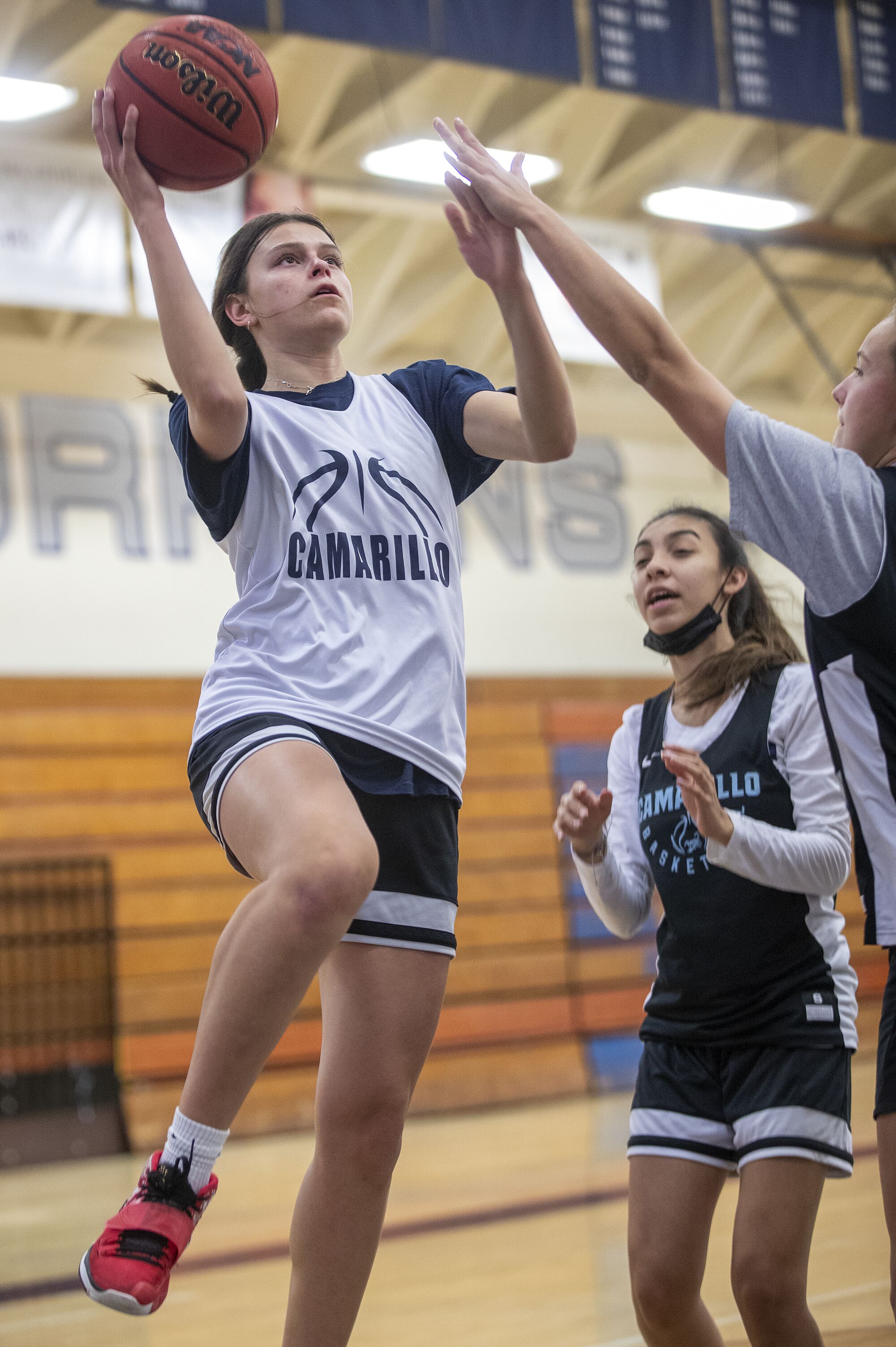 Gabriela Jaquez drives for a layup during a scrimmage.