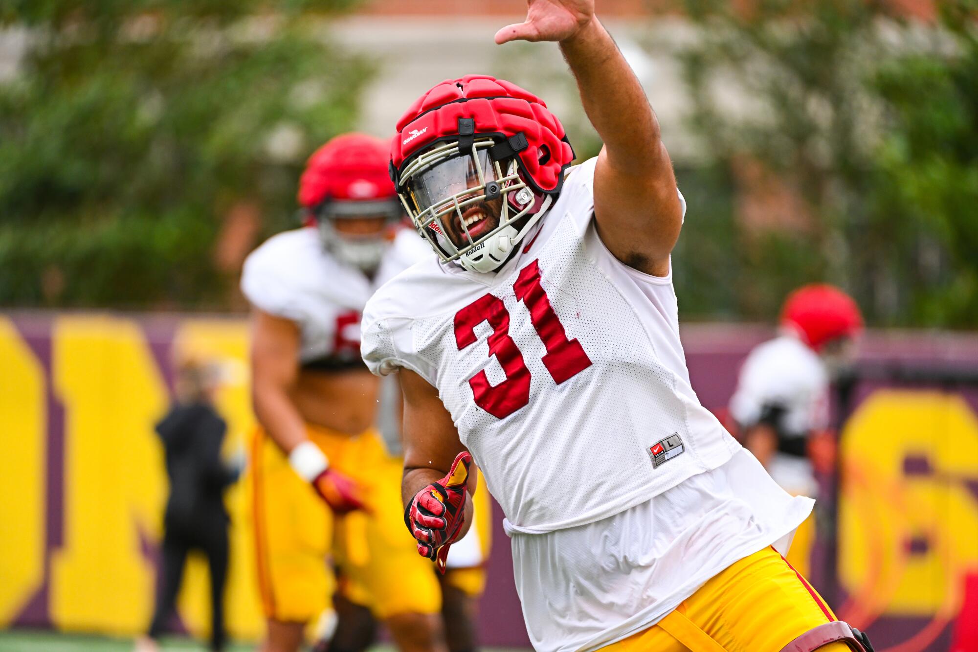 USC defensive lineman Tyrone Taleni participates in a team practice session on March 31, 2022.