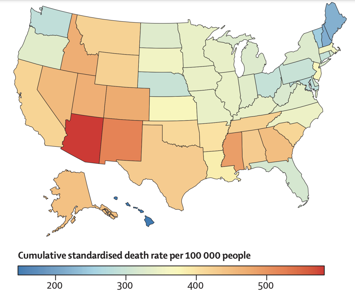 Eyalete göre kümülatif COVID-19 ölüm oranlarını karşılaştıran bir harita.