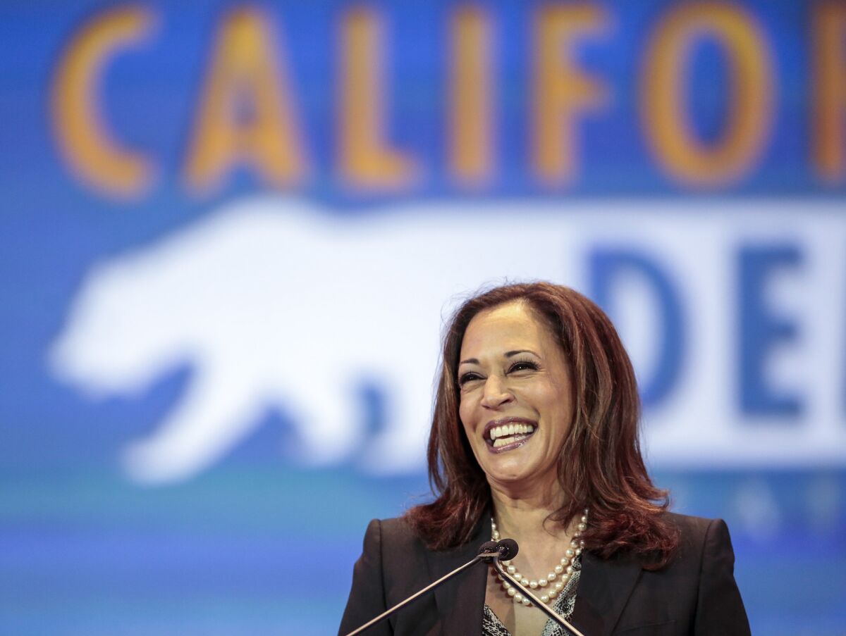 Atty. Gen. Kamala Harris speaking at the California Democratic Party convention in Anaheim on May 16.
