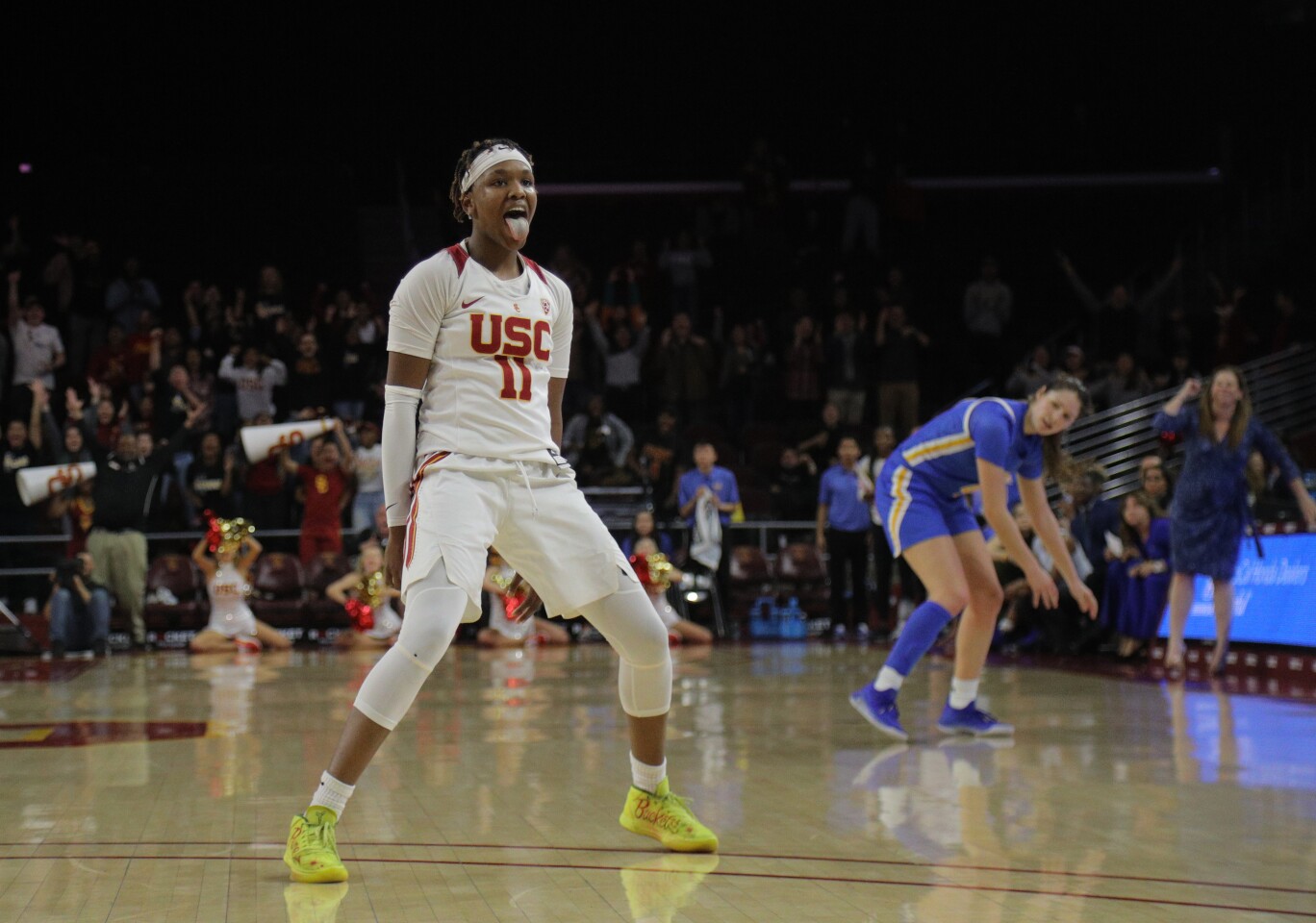LOS ANGELES, CA - JANUARY 17, 2020: USC Trojans guard Aliyah Jeune (11) reacts after she scored to give USC the lead over UCLA with 19 seconds left in overtime at Galen Center on January 17, 2020 in Los Angeles, California. (Gina Ferazzi/Los AngelesTimes)
