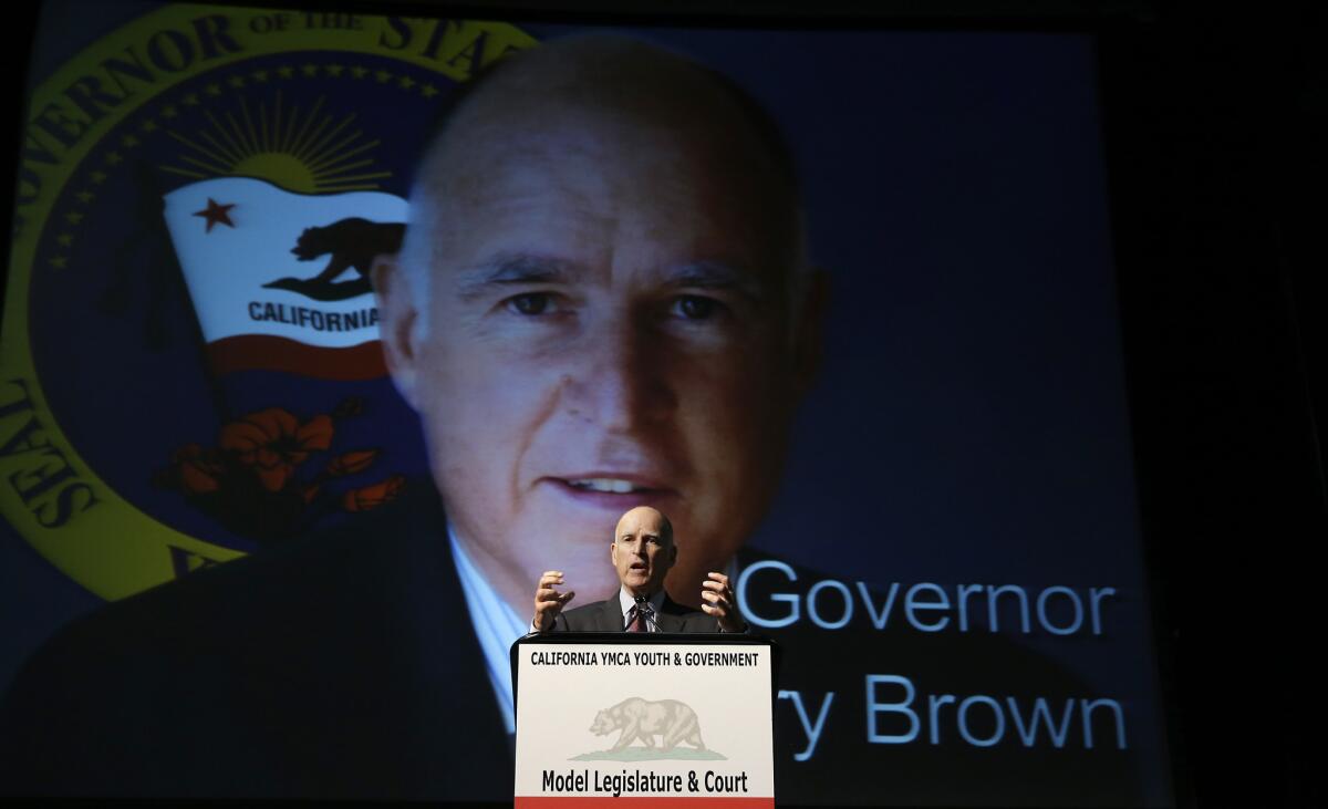 Gov. Jerry Brown speaks before the California YMCA Model Legislature in Sacramento on Feb. 12. Brown's approval rating from the state's voters has continued to rise.