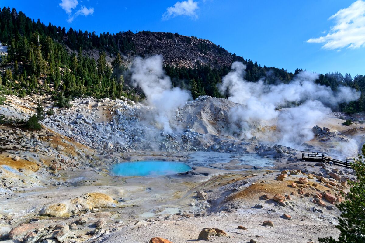 Steam rises from pools in Lassen Volcanic National Park.