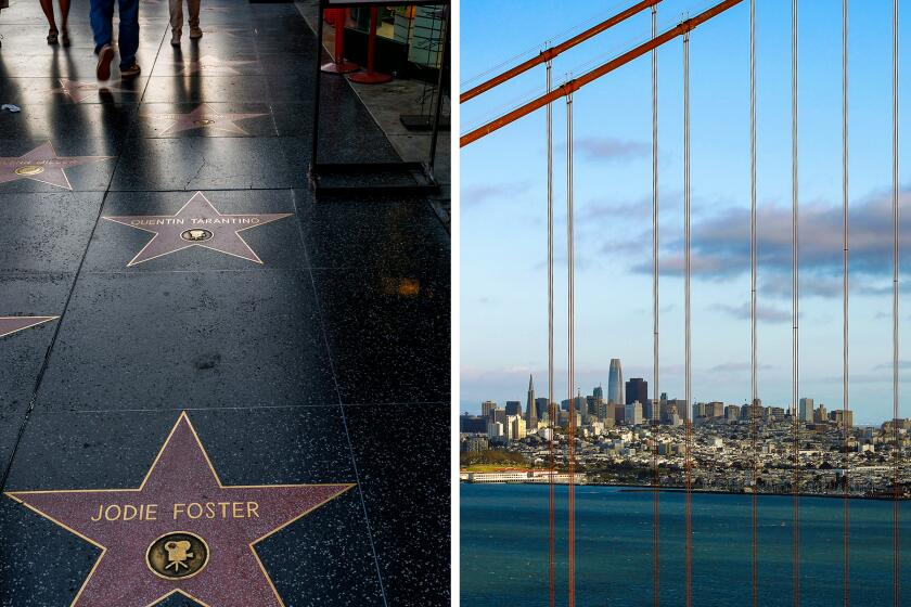 Tourists walk across celebrity stars on Hollywood Boulevard in front of the Dolby Theater on September 24, 2025 in Los Angeles, California.(Gina Ferazzi / Los Angeles Times) The skyline of downtown San Francisco with the Golden Gate bridge taken from Battery Spencer, former Fort Baker site, on Saturday, March 13, 2021 in San Francisco, CA. On March 2, 2021, the San Francisco Department of Public Health updated a COVID-19 health order to allow many businesses to reopen at the Red Tier. (Gary Coronado / Los Angeles Times)