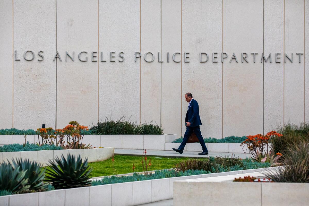 LAPD headquarters in Los Angeles. An L.A. police cruiser and a car crashed on Sunday, critically injuring a civilian.