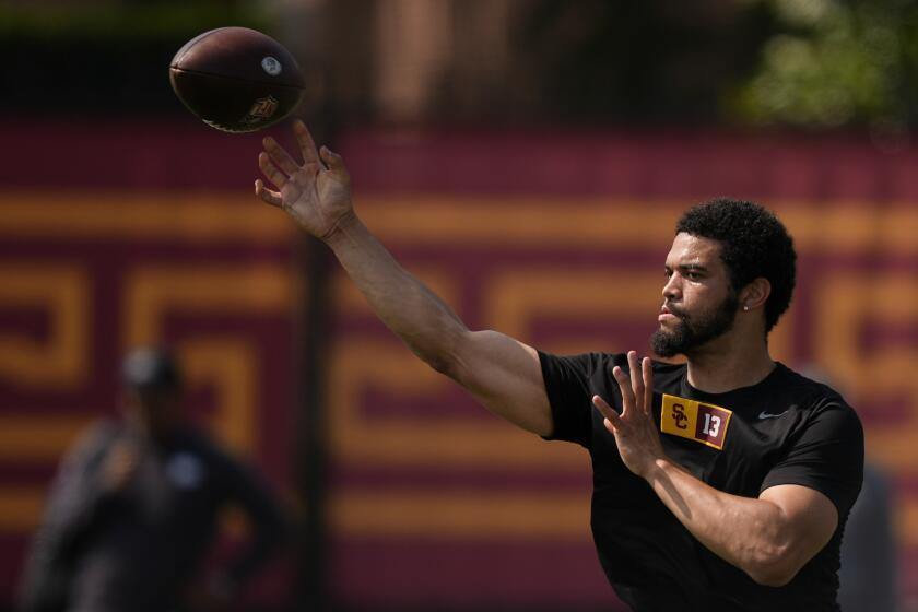 Southern California quarterback Caleb Williams throws at the school's NFL Pro Day, Wednesday, March 20, 2024, in Los Angeles. (AP Photo/Ryan Sun)