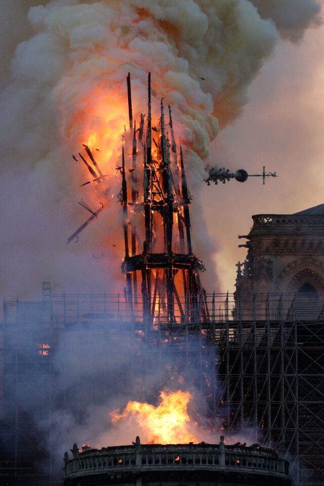 The steeple collapses as smoke and flames engulf Notre Dame. A ferocious and fast-moving blaze, which broke out about 6:45 p.m., destroyed large parts of the 850-year-old Gothic monument in Paris.