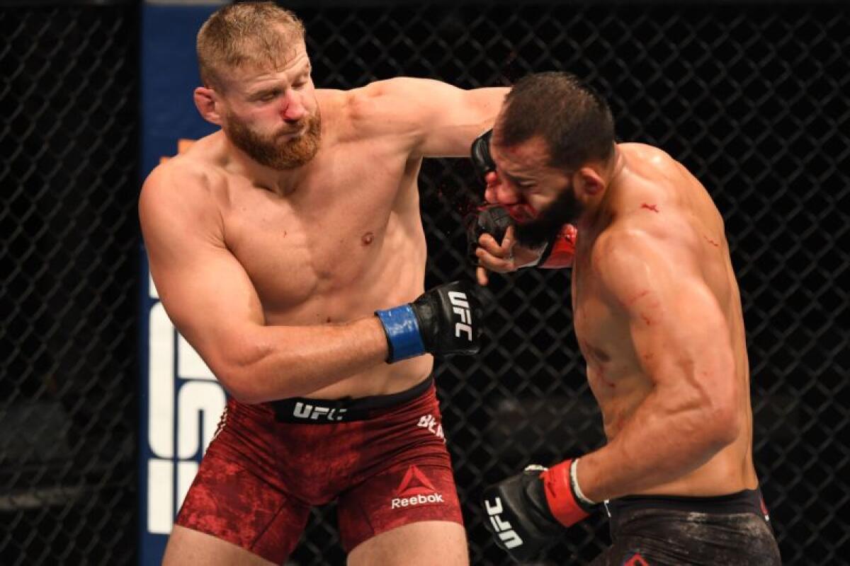 Jan Blachowicz, left, punches Dominick Reyes in their light heavyweight championship bout UFC 253.