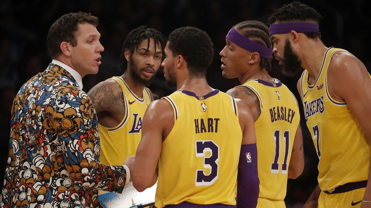 Lakers coach Luke Walton talks with his team in the fourth quarter.