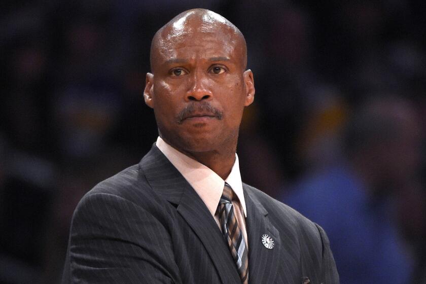 Lakers Coach Byron Scott looks on during a win over the Charlotte Hornets on Sunday.