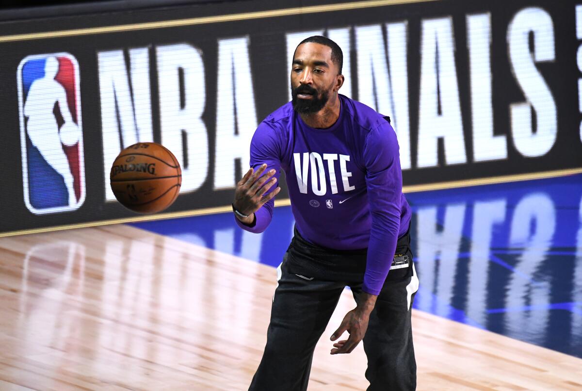 Lakers guard J.R. Smith warms up for Game 2 of the NBA Finals on Friday night in Orlando, Fla.