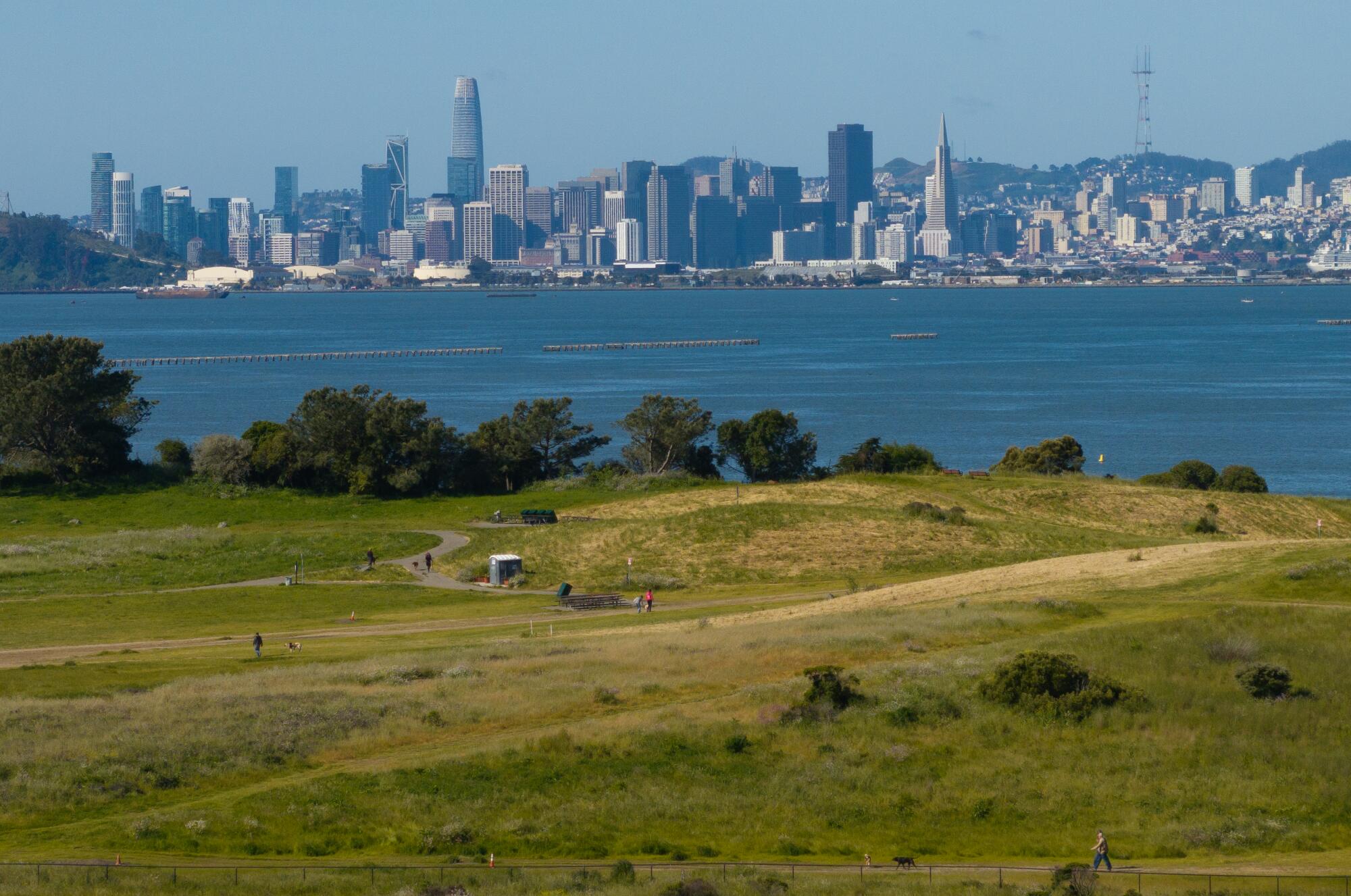 The San Francisco skyline rises beyond the bay, seen from César Chávez Park in Berkeley.