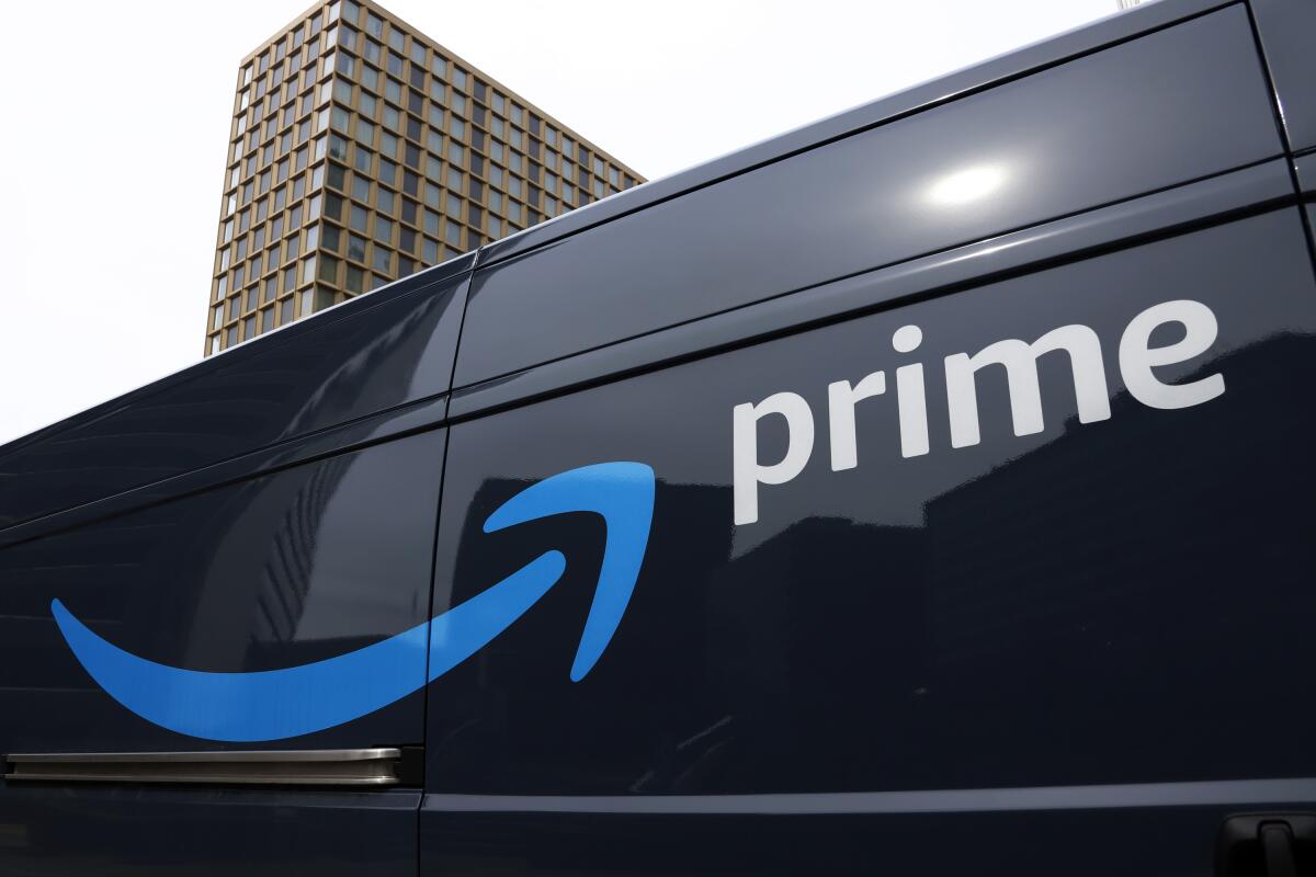 An Amazon Prime delivery vehicle is seen in downtown Pittsburgh