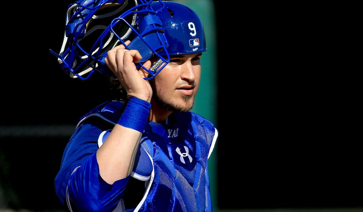 Dodgers catcher Yasmani Grandal during a spring training workout on March 3.