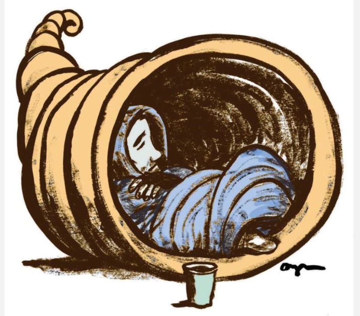 illustration of an unhoused person sleeping in a cornucopia