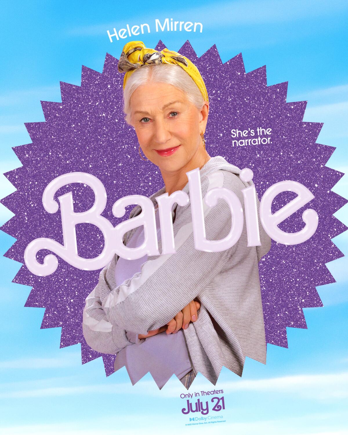 Helen Mirren poses with her arms crossed in a "Barbie" movie poster. She wears a gray hoodie and a yellow headband.