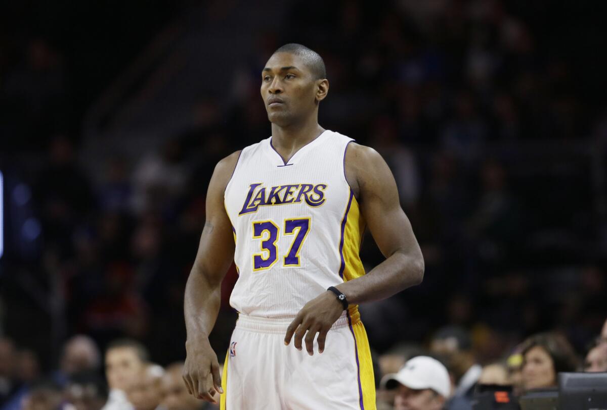 Lakers forward Metta World Peace, preparing to enter a game earlier this season, has averaged 17.3 minutes in 17 games this season.