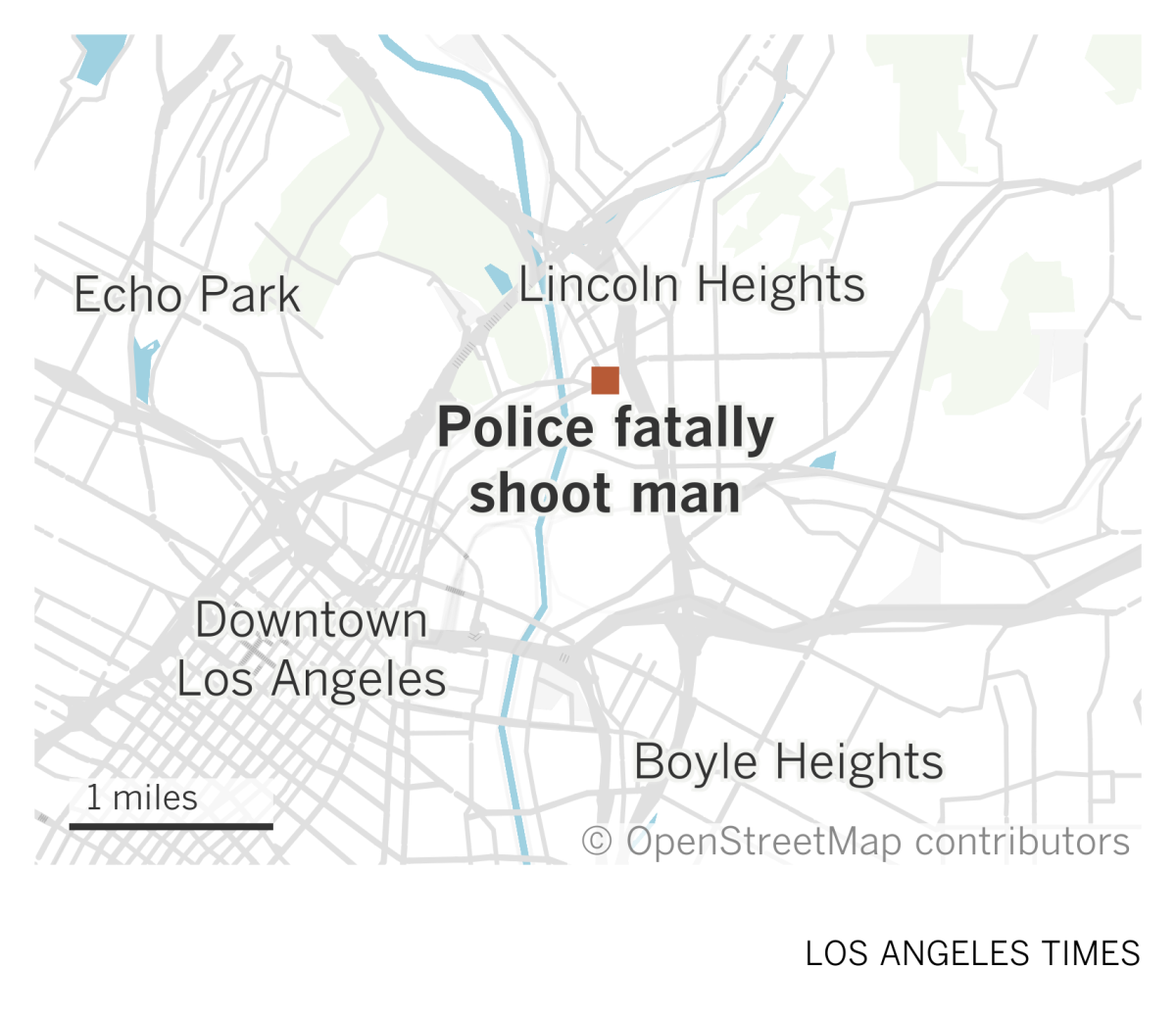 A map of northeast Los Angeles shows where police fatally shot a man in Lincoln Heights