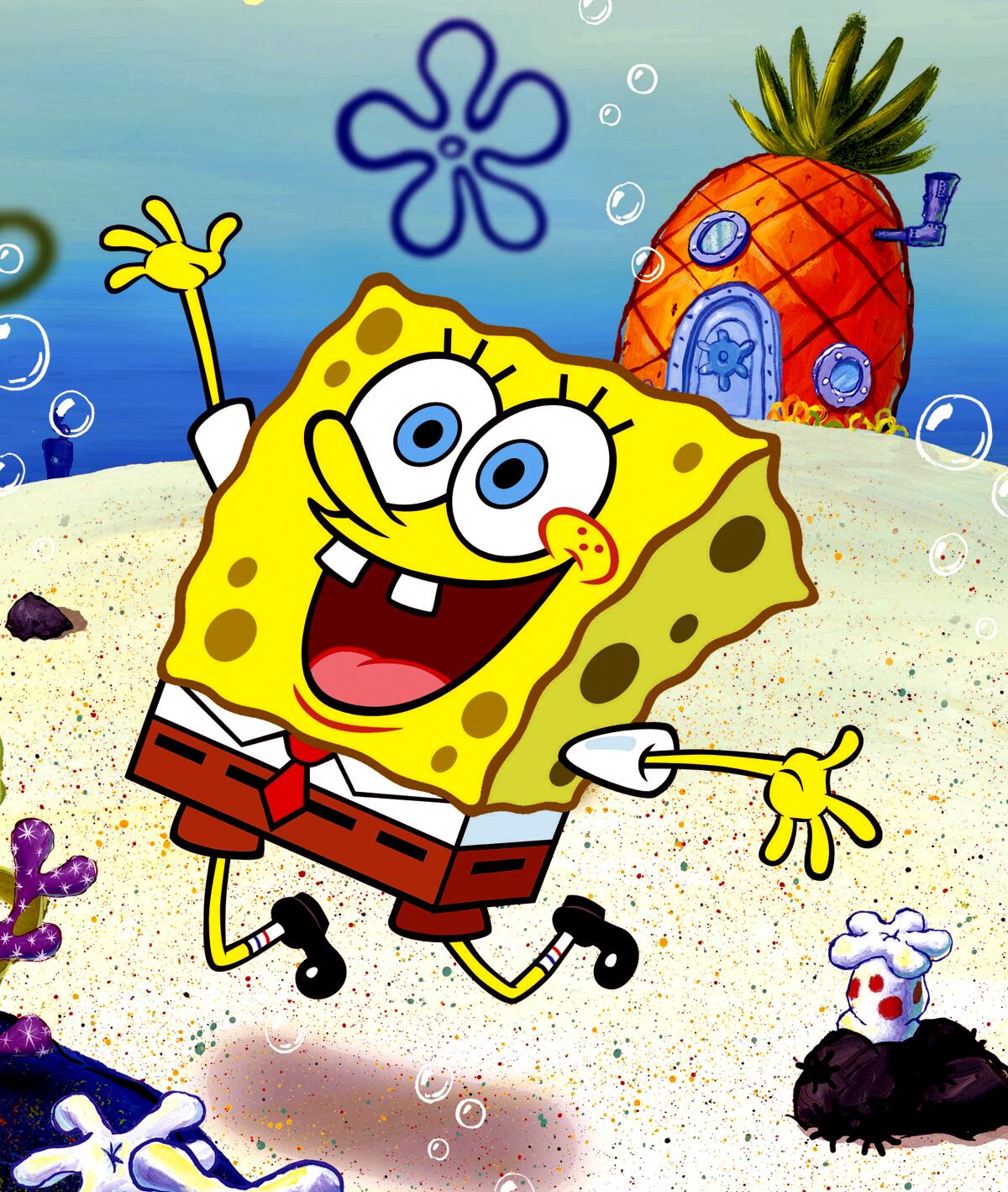 An animated sponge jumps for joy with a big smile on his face