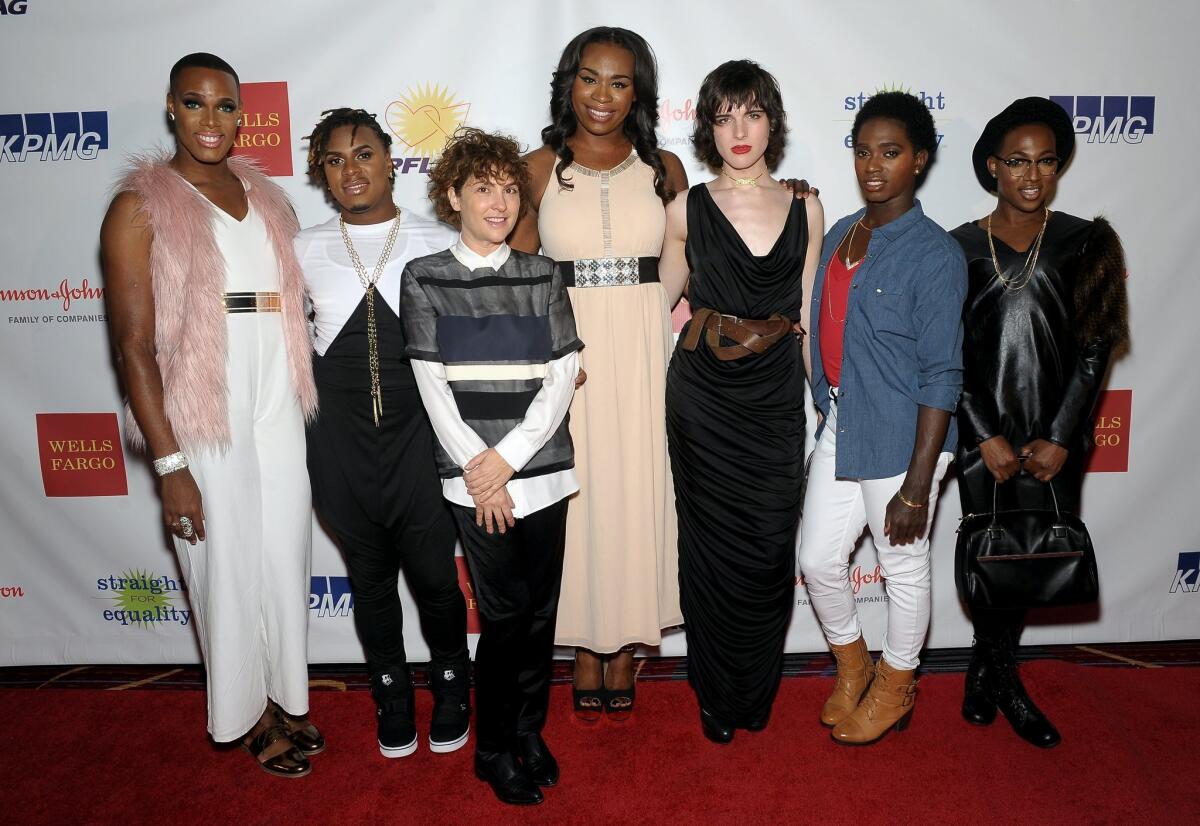 Model Hari Nef, third from right, and producer Jill Soloway, third from left pose with the Prancing Elites from Oxygen's "The Prancing Elites Project" at the PFLAG National Straight For Equality Awards Gala on March 30.