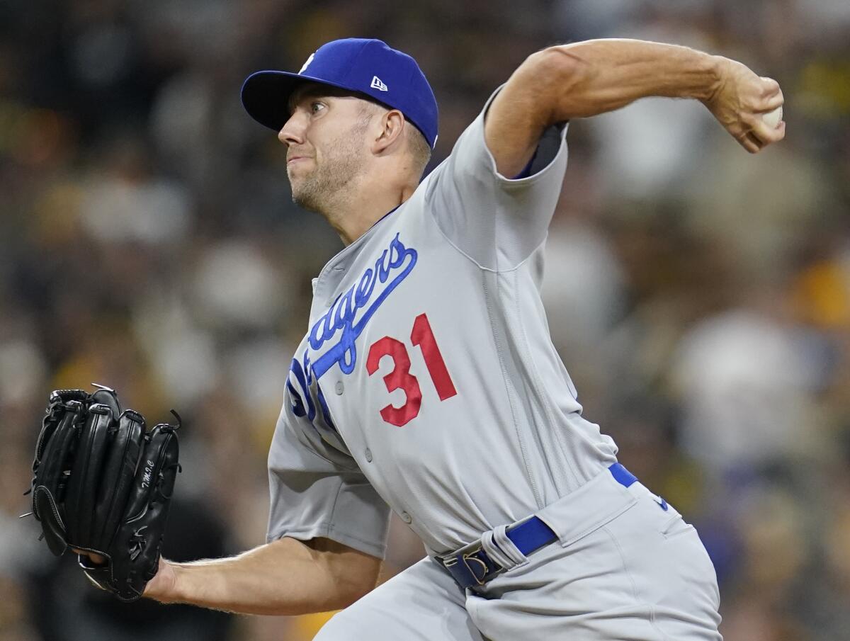 Tyler Anderson pitches for the Dodgers against a San Diego Padres batter 