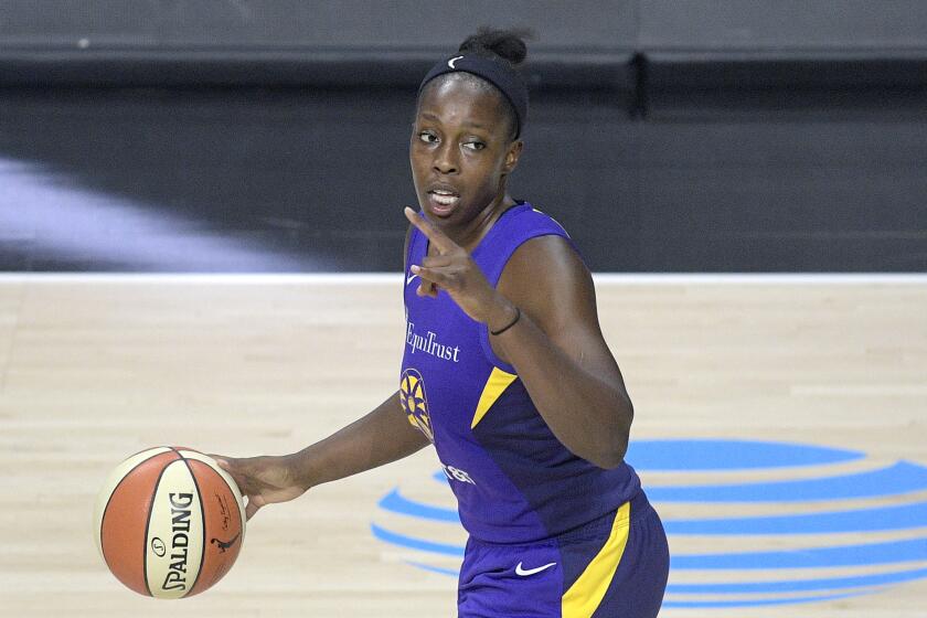 Sparks guard Chelsea Gray sets up a play against the Indiana Fever on Aug. 15, 2020, in Bradenton, Fla.