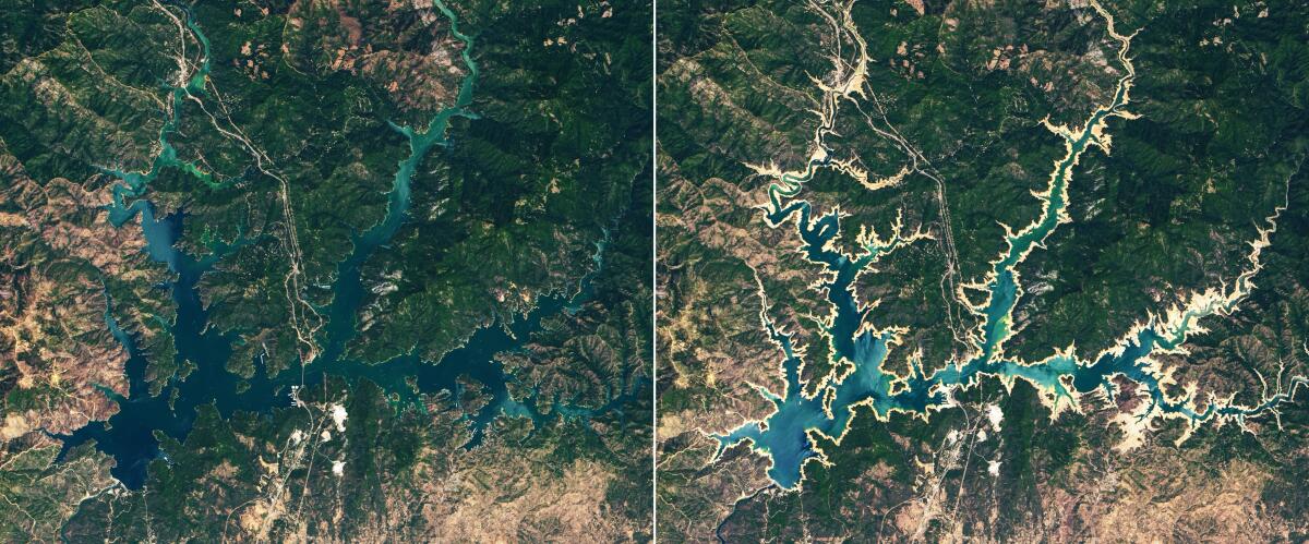 Shasta Lake in 2019, left, and 2021