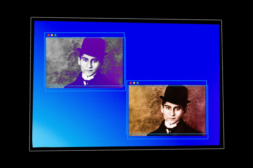 Illustration of Franz Kafka on two blue Zoom-like computer screens.