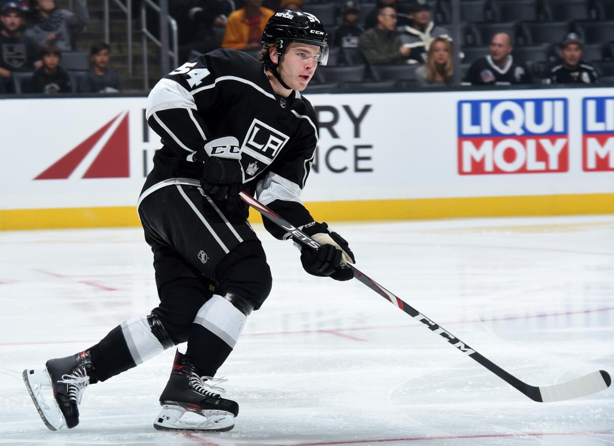 Kings defenseman Tobias Bjornfot skates during a game against the Golden Knights.