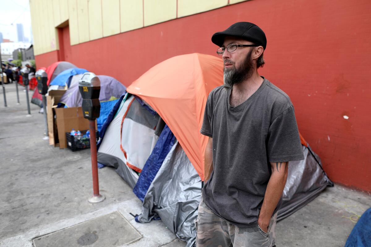 David Canup, 38, of Hawaii, has been homeless in Los Angeles eight months and has a tent set up along the 1800 block of S. Hope St. in Los Angeles.