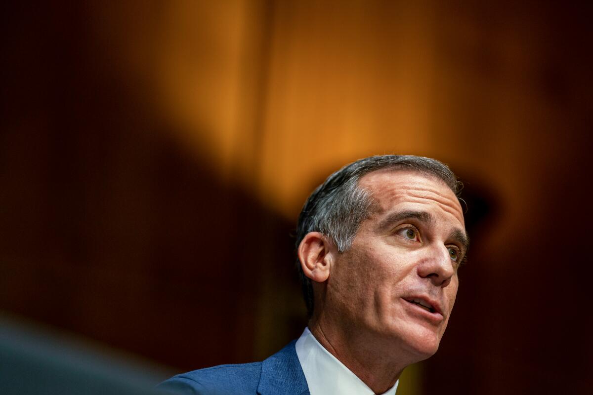 Los Angeles Mayor Eric Garcetti appears before the Senate Foreign Relations Committee in December.