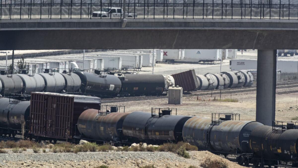 Tanker cars derailed along railway near the 15 and 215 freeways at the base of the Cajon Pass prompting evacuations in the area in San Bernardino, Calif.